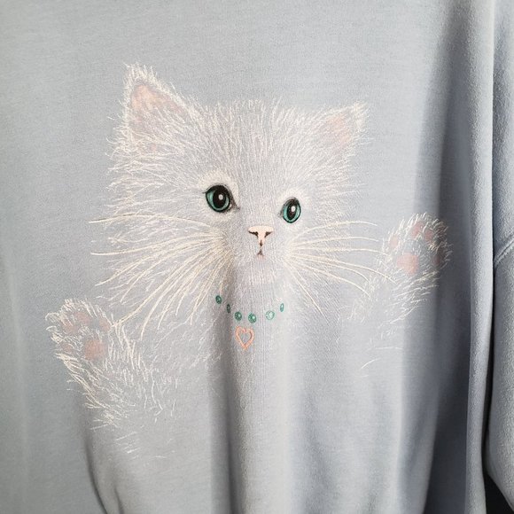 Vintage Sparkly Cat Graphic Sweater Baby Blue White Trim Pull Over Sweatshirt XL - Picture 6 of 12
